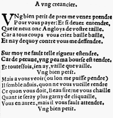 Clément Marot, «Rondeau à un Créancier», l'Adolescence clémentine, 1532